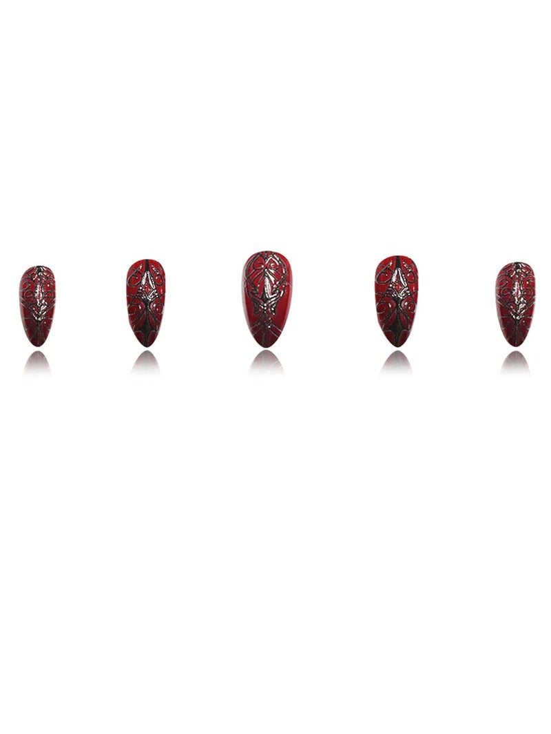 SEENEEY Long Almond Press on Nails Halloween Dark Red Artificial Fake Nails with Black Spider Web Designs Stick on Nail for Women 24pcs - Image 2